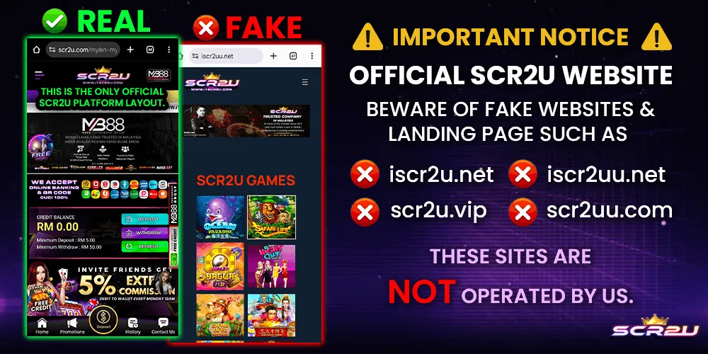 Beware of fake websites and landing pages using the SCR2U name. These unauthorized sites are NOT operated by SCR2U. For safety, always access SCR2U through the official website only.